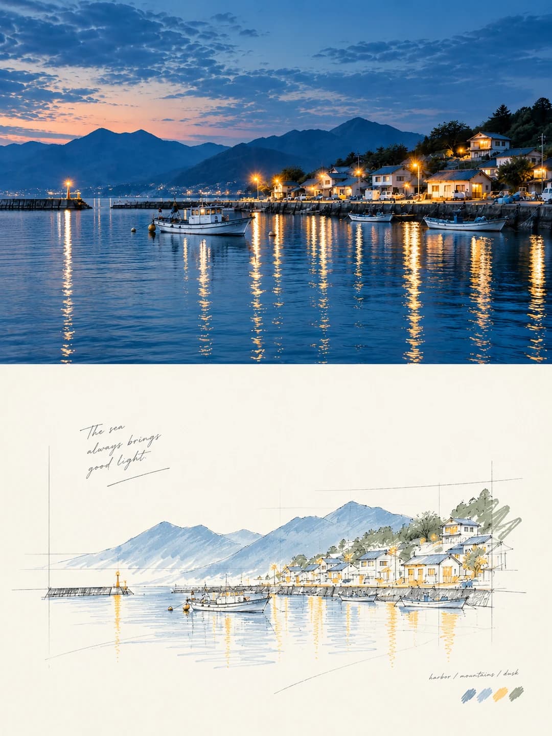 A harbour village at dusk — the lit windows survive as a few strokes of ochre, everything else is line