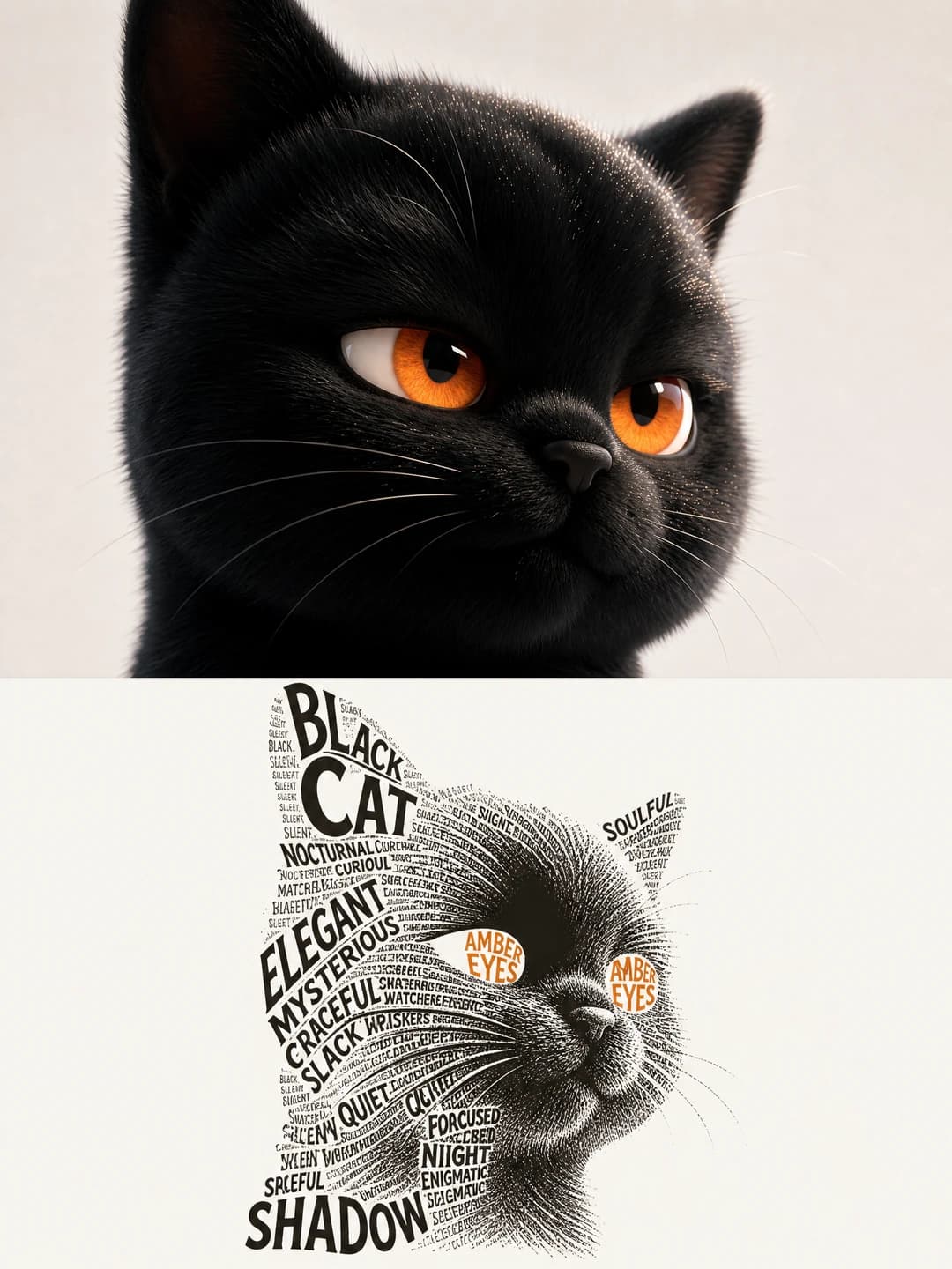 A black cat — dense type makes the shadow side, AMBER EYES sits where the eyes are