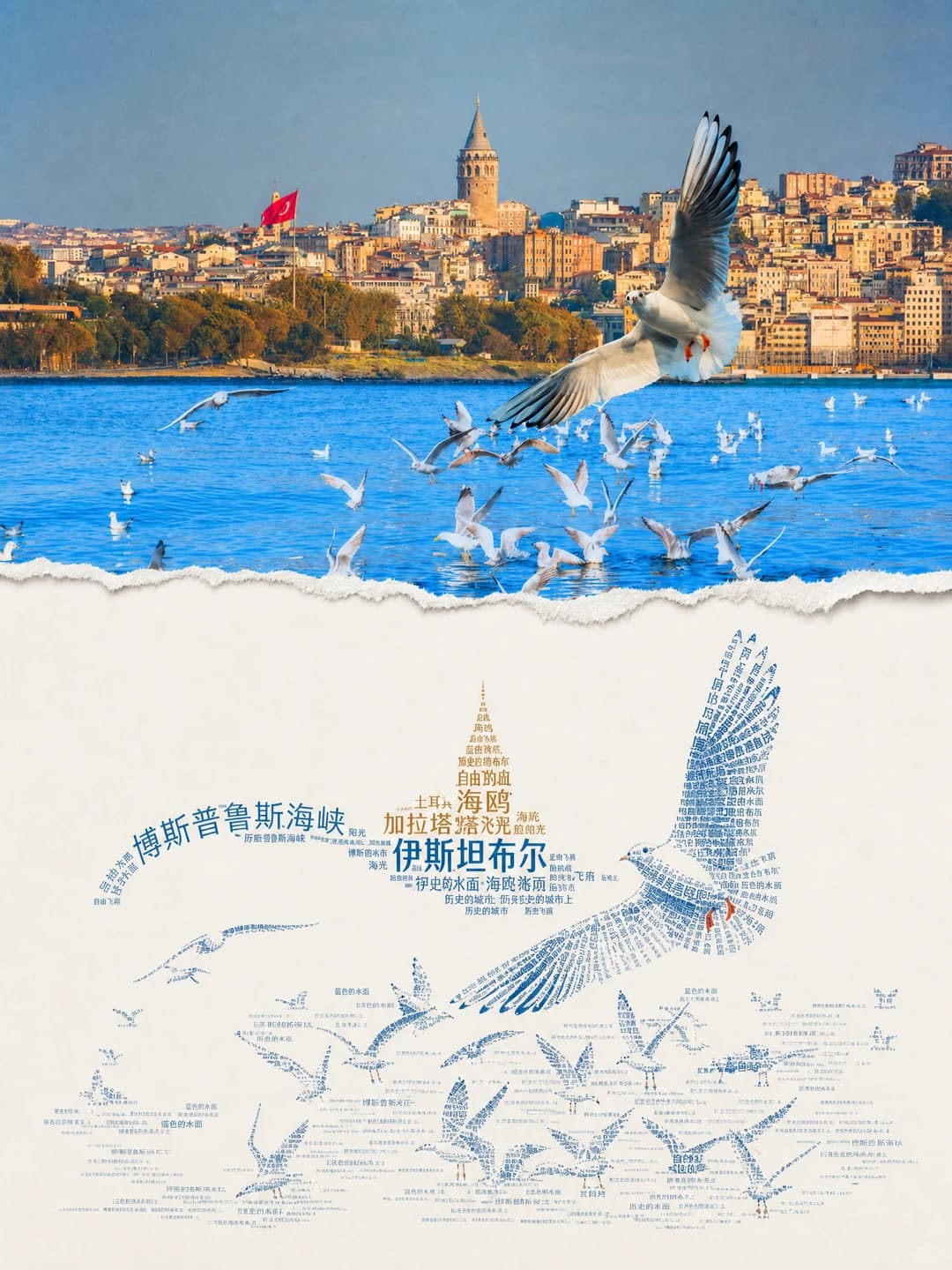 Gulls over the Bosphorus — the wing feathers are individual columns of text