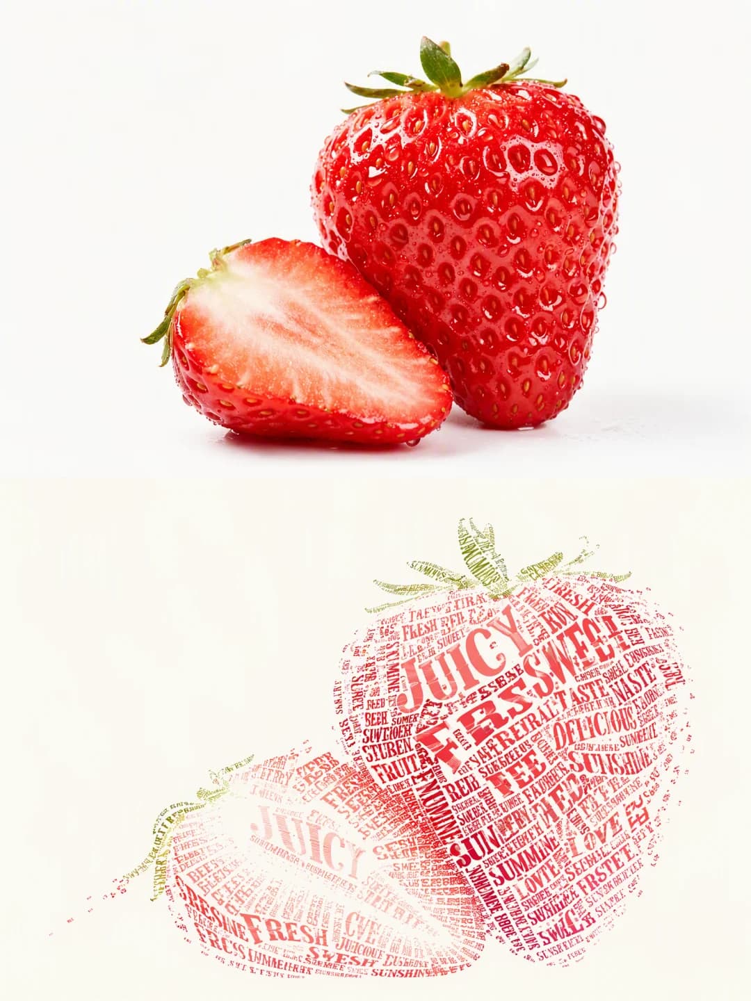 A strawberry and a cut half — JUICY and SWEET build the body, green words the leaves