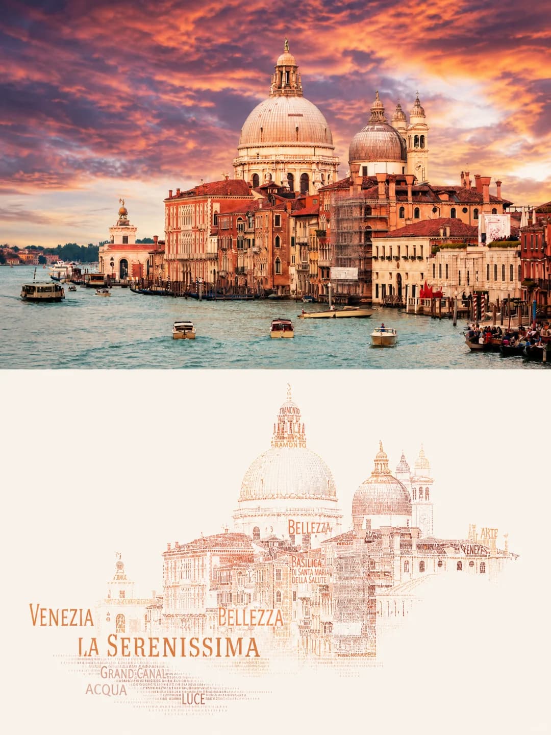The Salute at sunset — VENEZIA and LA SERENISSIMA carry the skyline, smaller words build the domes