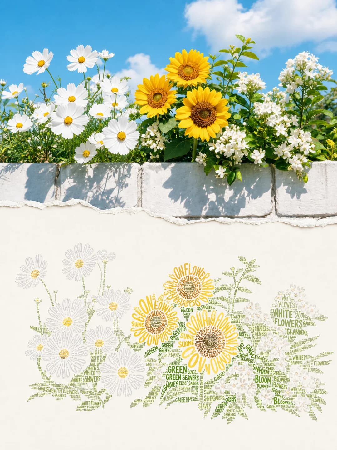 Flowers over a wall — each bloom is a separate rosette of its own name