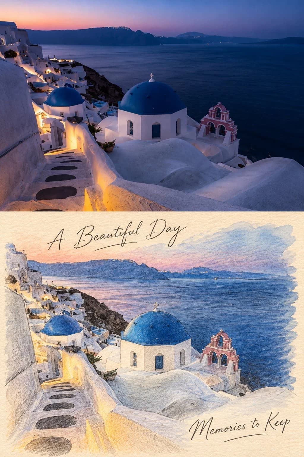 The domes keep their blue and the stepped path its shadows; the sea behind loosens into pencil strokes.