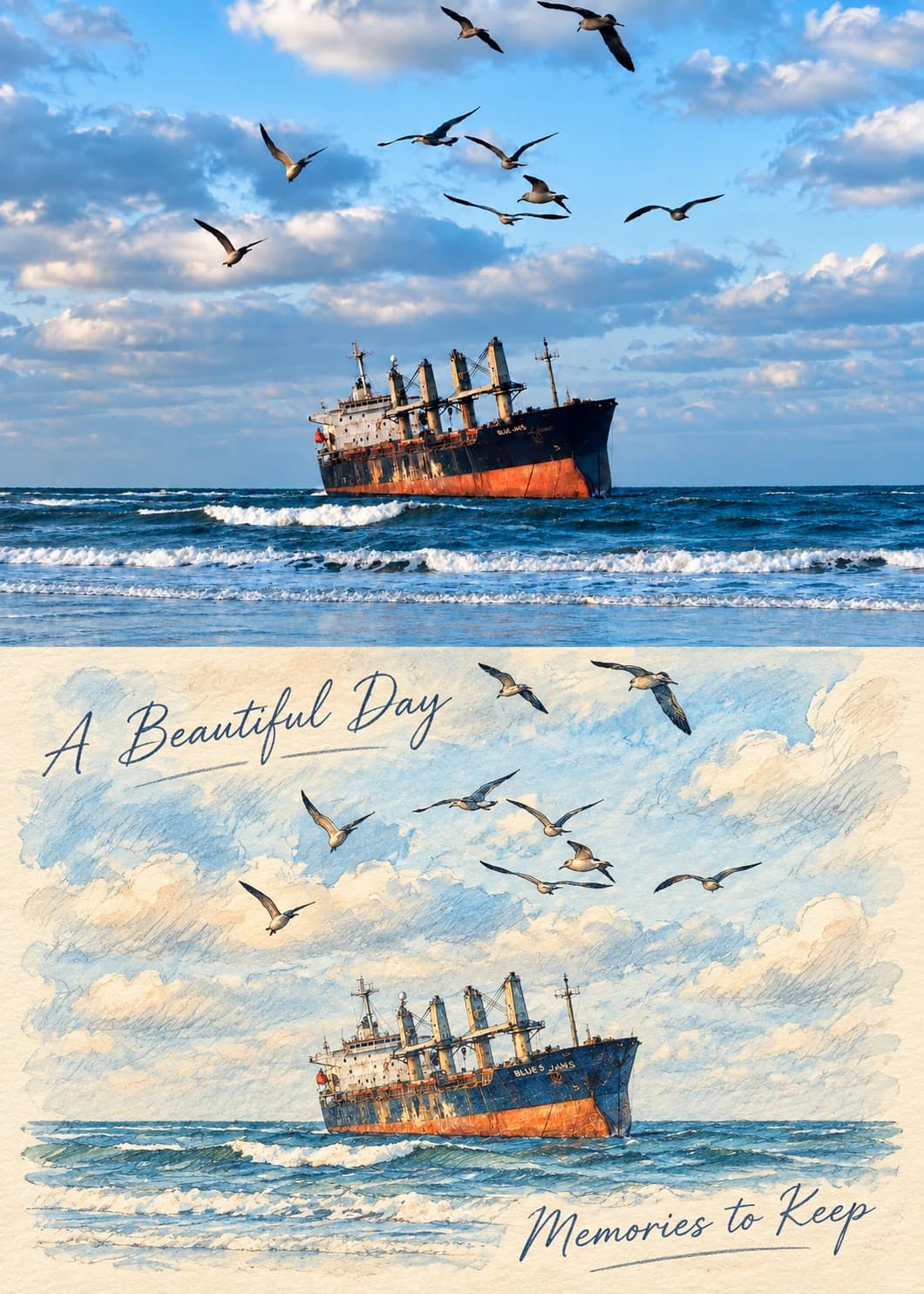 The rusted hull and every gull stay in place, with the surf redrawn as layered pencil lines on cream.