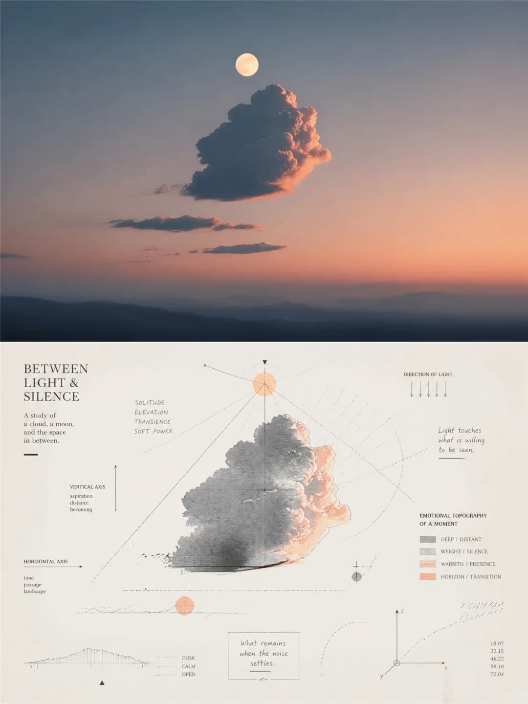 The lone cloud and full moon in a dusk sky stay as shot; underneath, the cloud is a grey-and-peach print crossed by vertical and horizontal axes, the moon a peach dot sending out lines, with a small legend of moods.