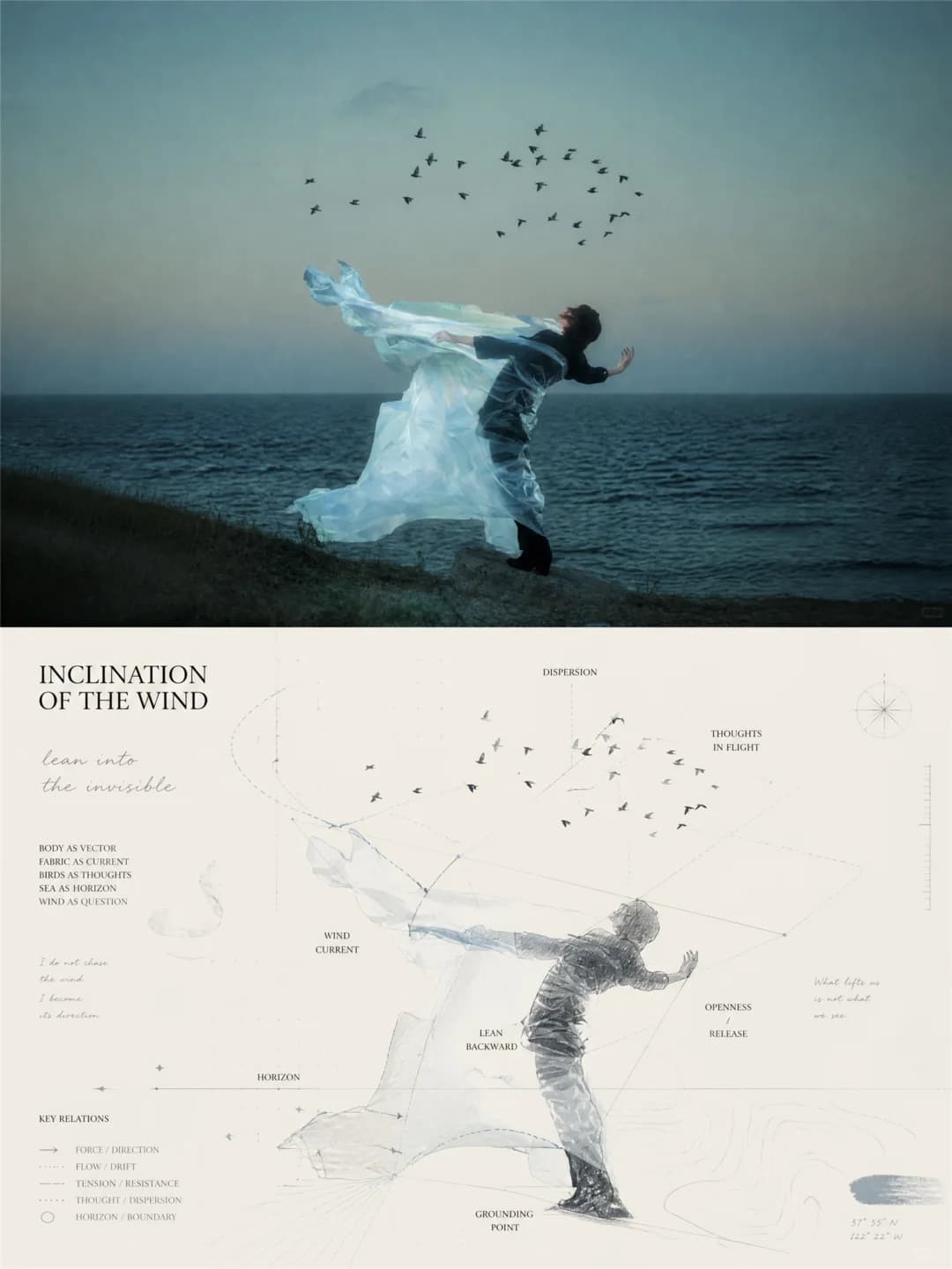 The figure leaning back into the wind in a sheet of translucent fabric keeps its sea and flock of birds; below, the pose becomes a vector of lines and nodes, the birds 'thoughts in flight', with a key of force, flow and tension.