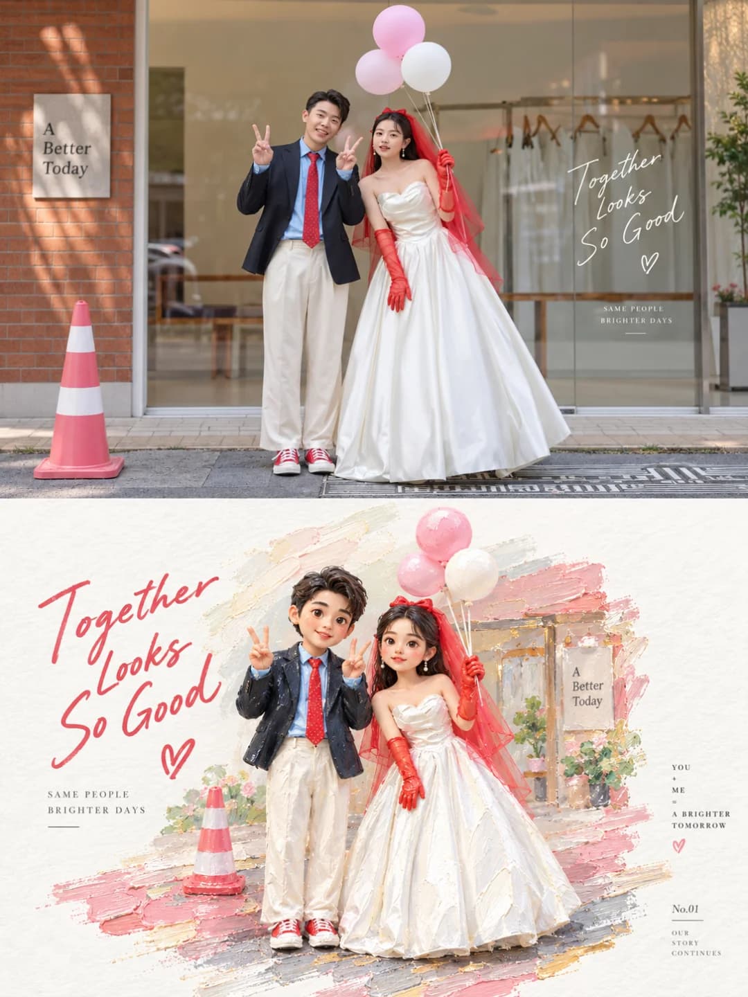 The balloons, the red gloves and the doubled peace sign all make it into the miniature, on a band of pink taken from her veil.