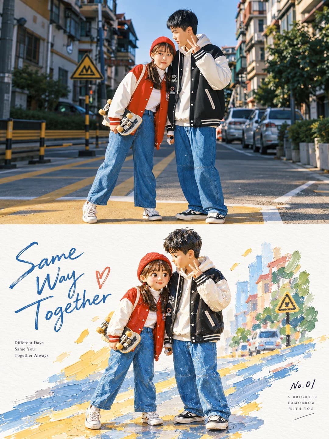 The varsity jackets, the skateboard and the V-sign keep their pose; the yellow road marking turns into the painted band under their feet.
