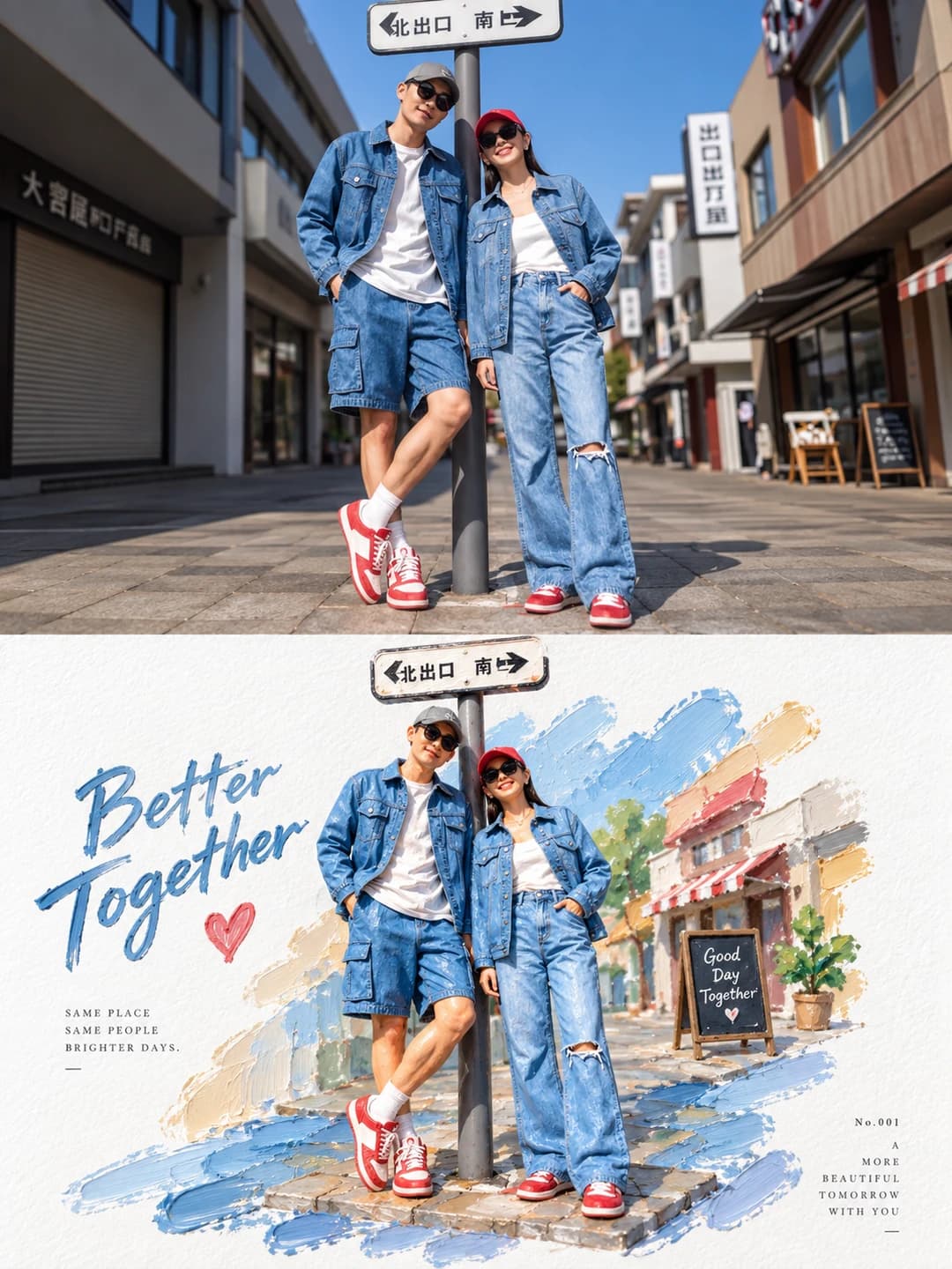 The matching denim, the red caps and the lean against the sign post all carry over; the street behind thins to a few pastel strokes.