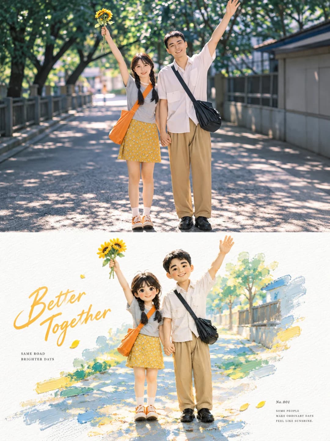 Both raised arms and the sunflower stay in the same place, and the dappled path becomes a streak of blue and yellow paint.