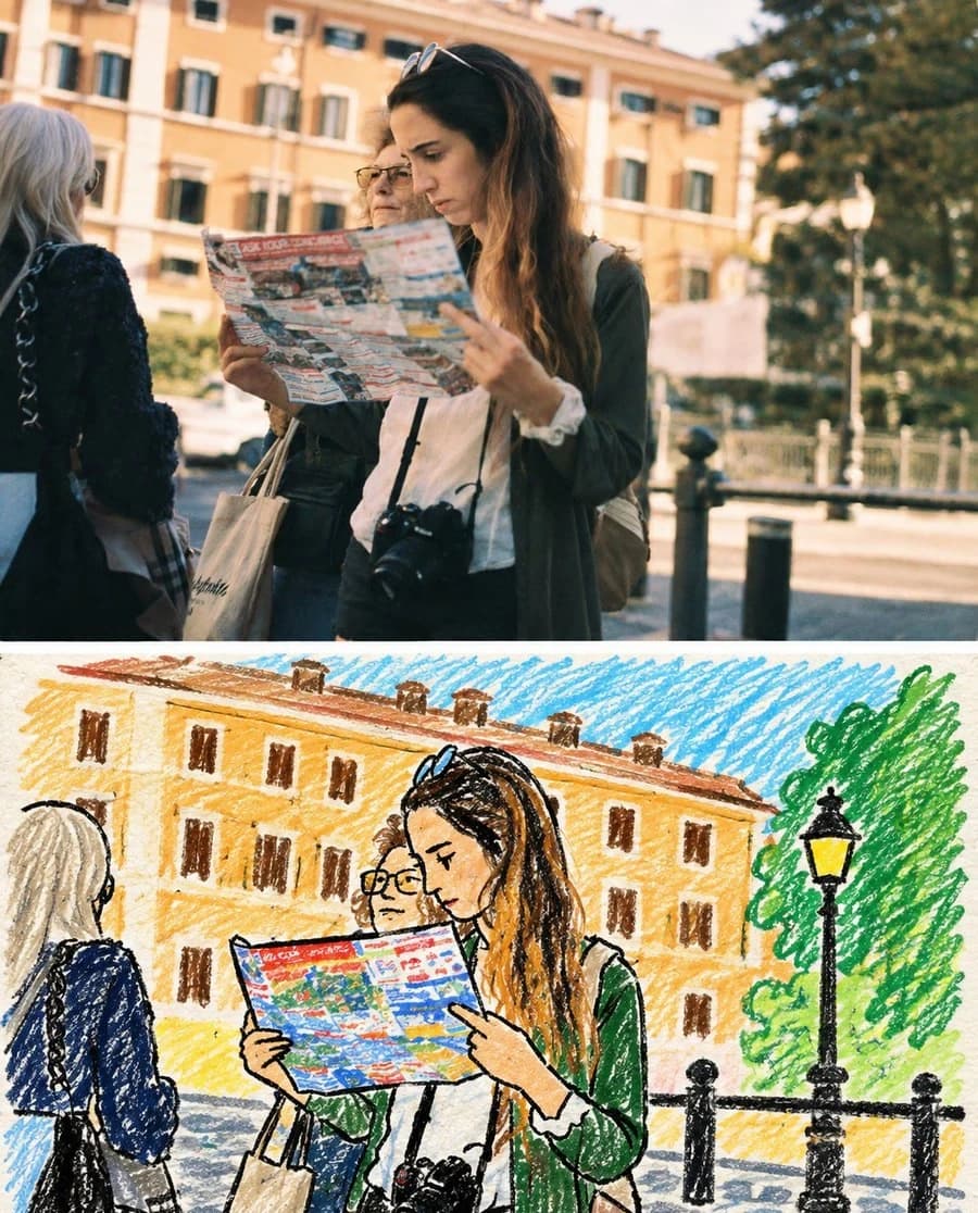 A tourist reading a map — the map stays legible as colour blocks, the camera as one black scribble