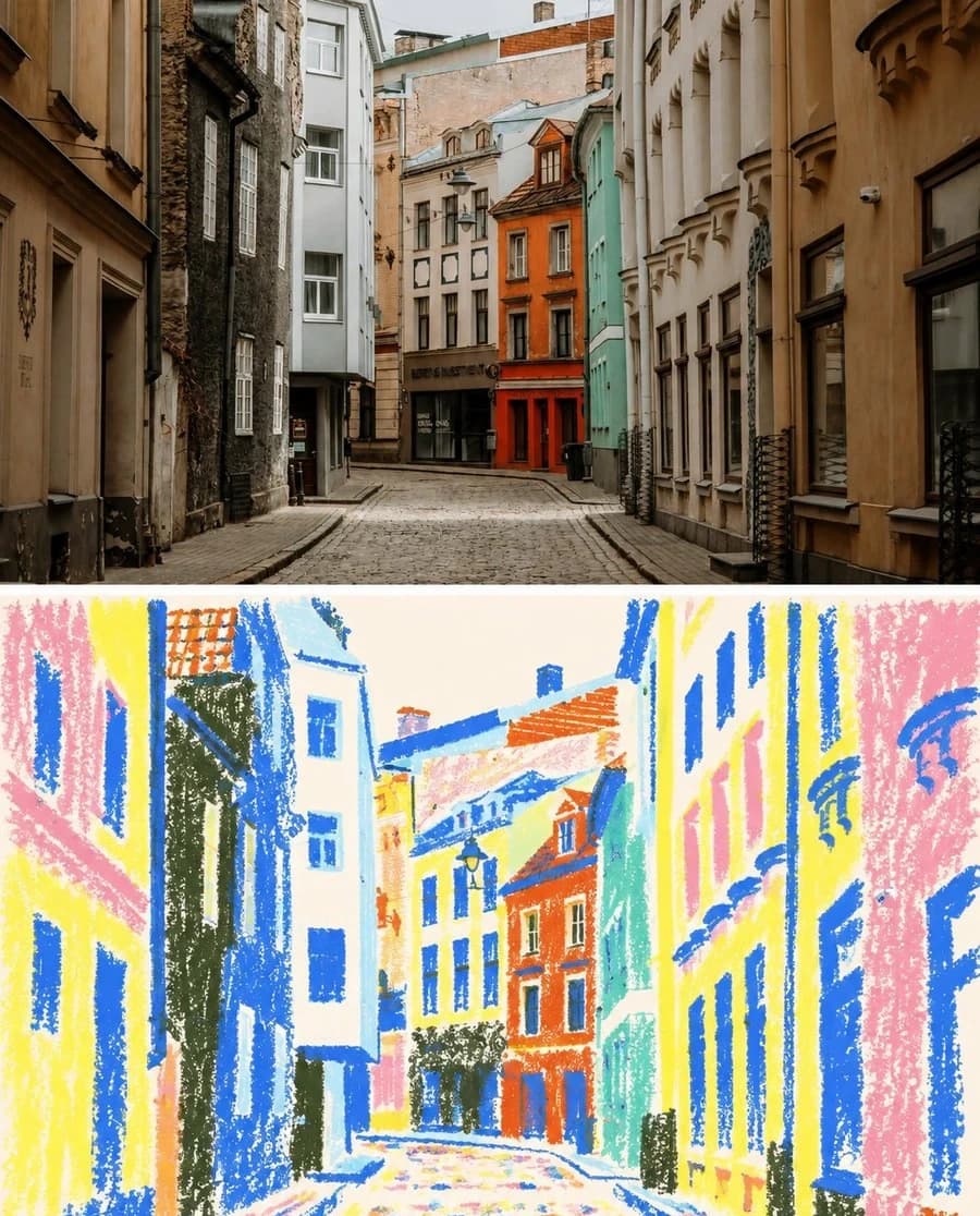 An empty old-town lane — the cobbles become a field of loose coloured dashes