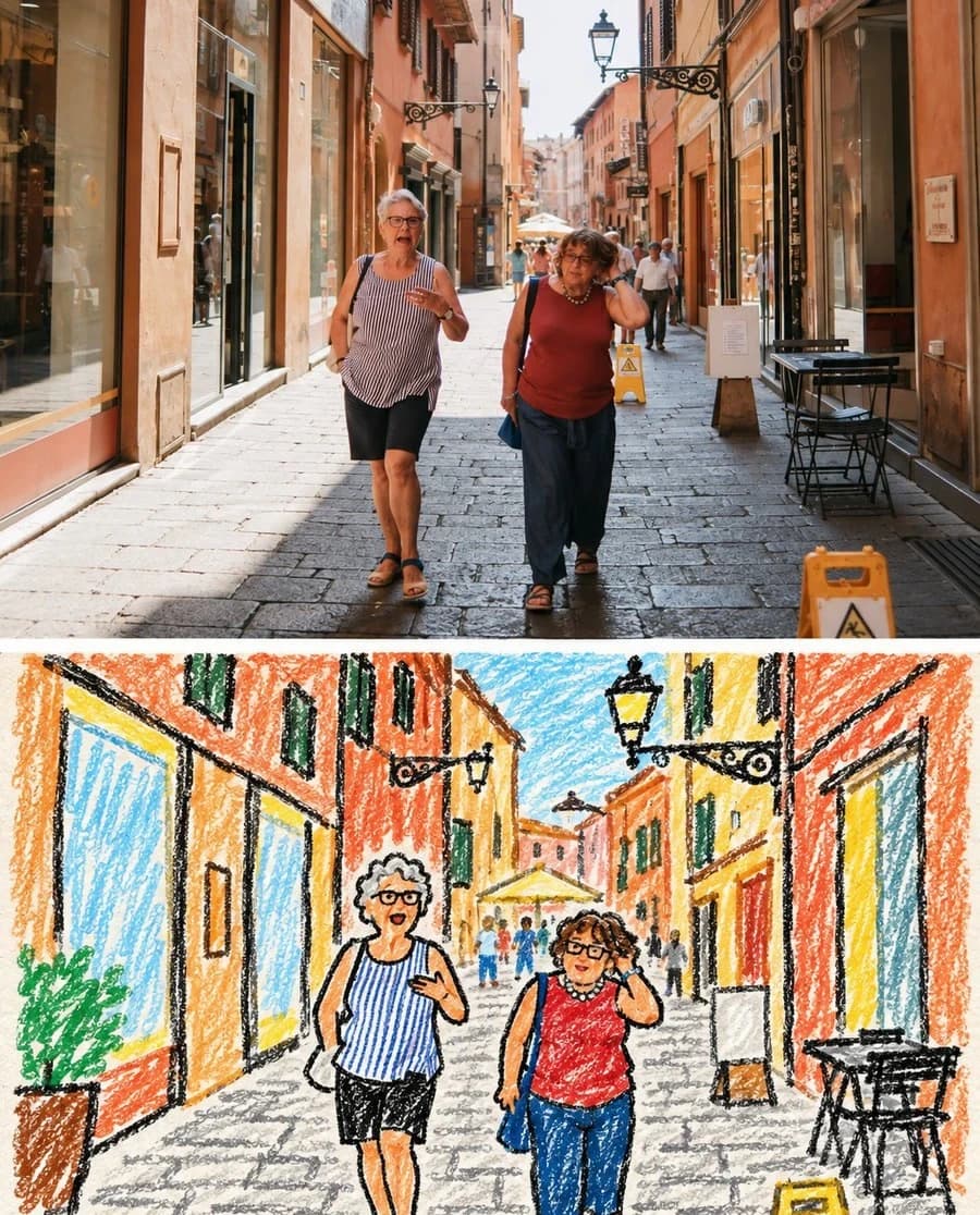 Two women walking a sunlit street — the striped top and the red vest both survive the redraw