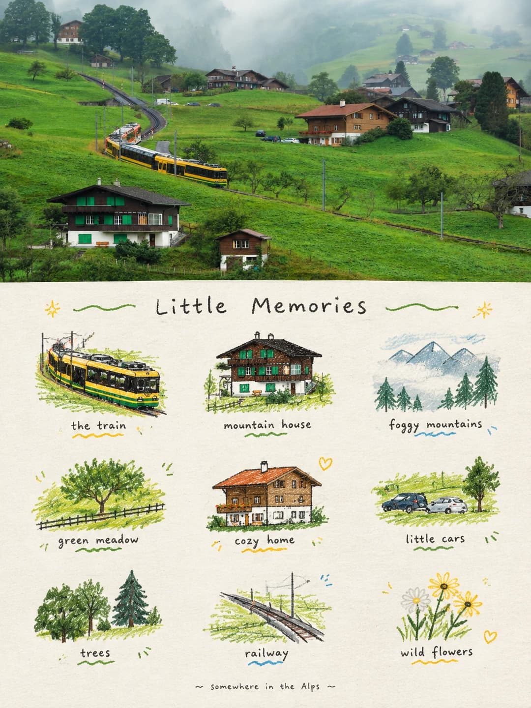 The yellow-and-green mountain train, the green-shuttered chalet, the fog on the peaks and even the two parked cars each became their own doodle.