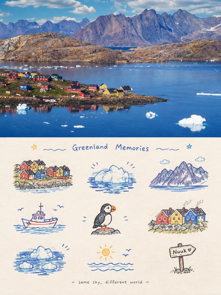 The red, yellow and blue houses, the icebergs, the jagged peaks and a puffin are drawn as nine small icons with a Nuuk signpost to finish.