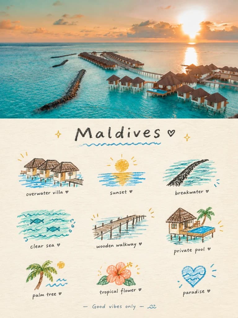 The overwater villas, the breakwater, the wooden walkway and the sun on the sea are kept, drawn in turquoise and orange crayon.