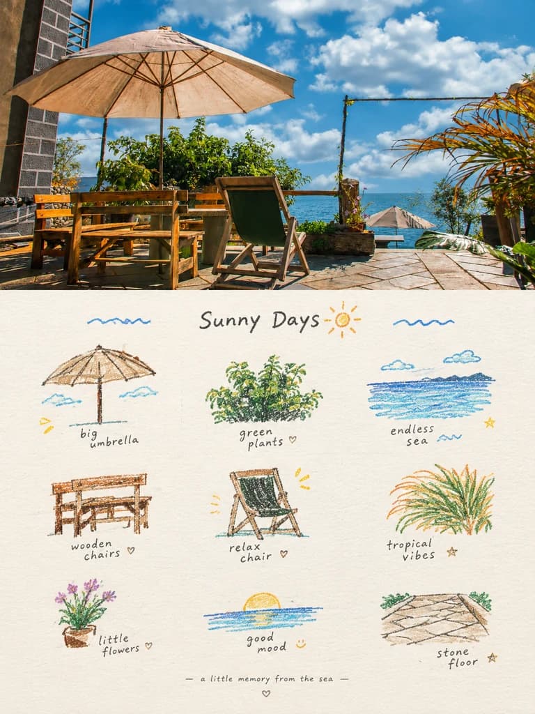 The canvas umbrella, the wooden benches, the deck chair and the stone floor of the terrace are each drawn in brown pencil under a small sun.