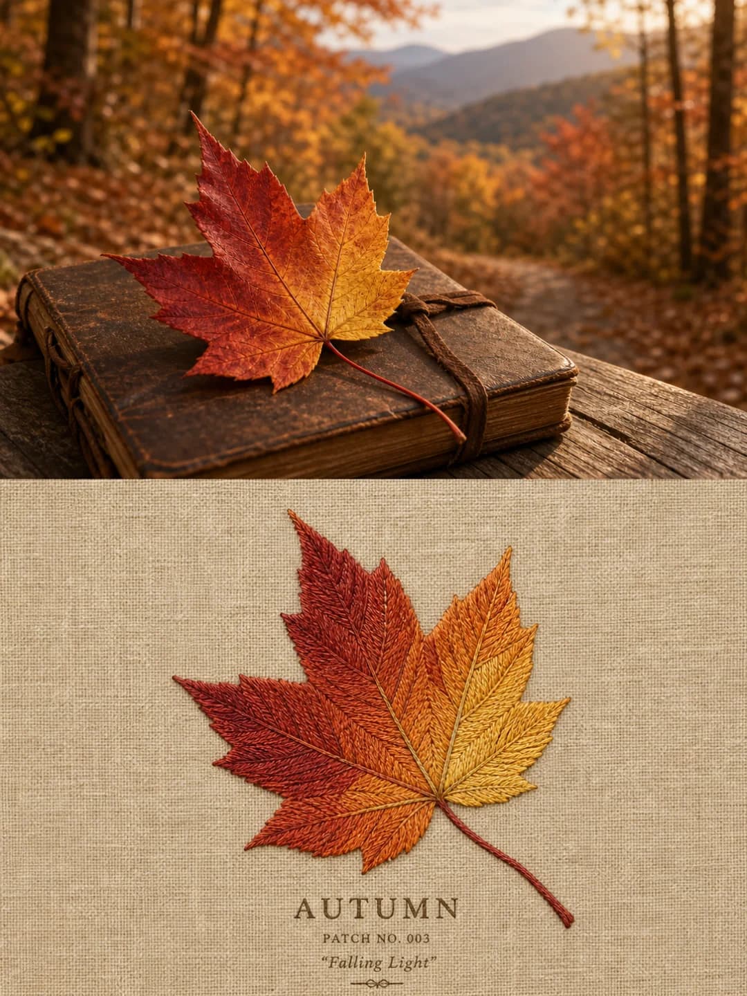 A maple leaf on an old book — the veins are stem stitch, the blade a gradient of red into gold