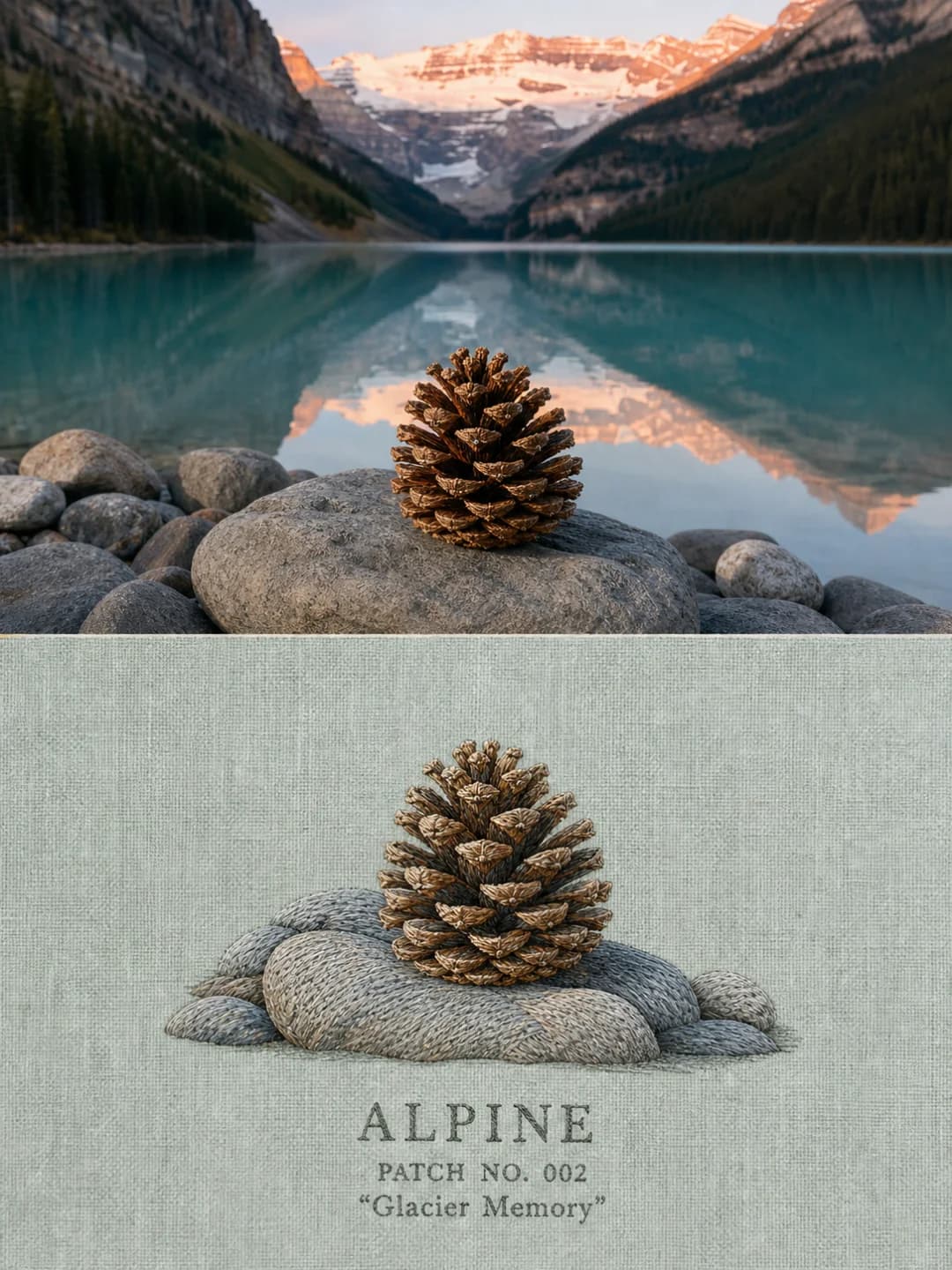 A pine cone on a lakeside boulder — the stones are stitched as flat grey fields, the cone in relief