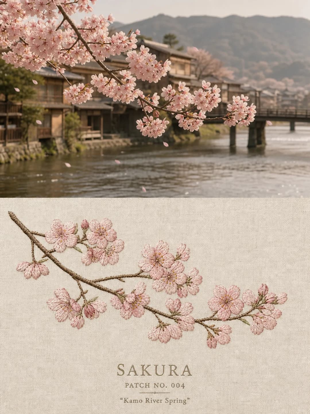 A cherry branch above the Kamo river — satin stitch petals, stem stitch for the bough