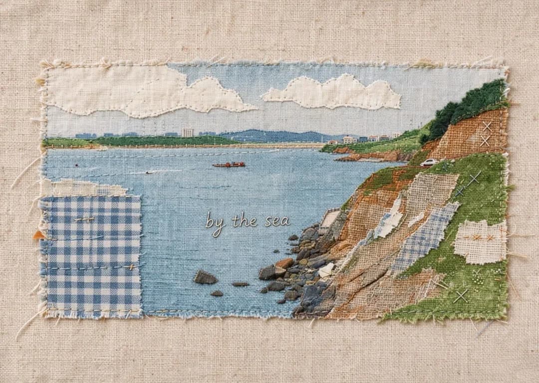 The headland keeps its layered rock colour as overlapping burlap, while the bay stays one flat blue field.