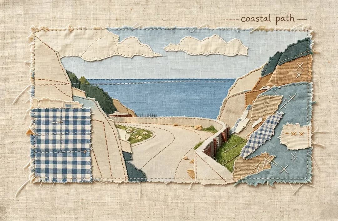 The curve of the road survives as a pale wedge of linen running out past the panel's torn edge.