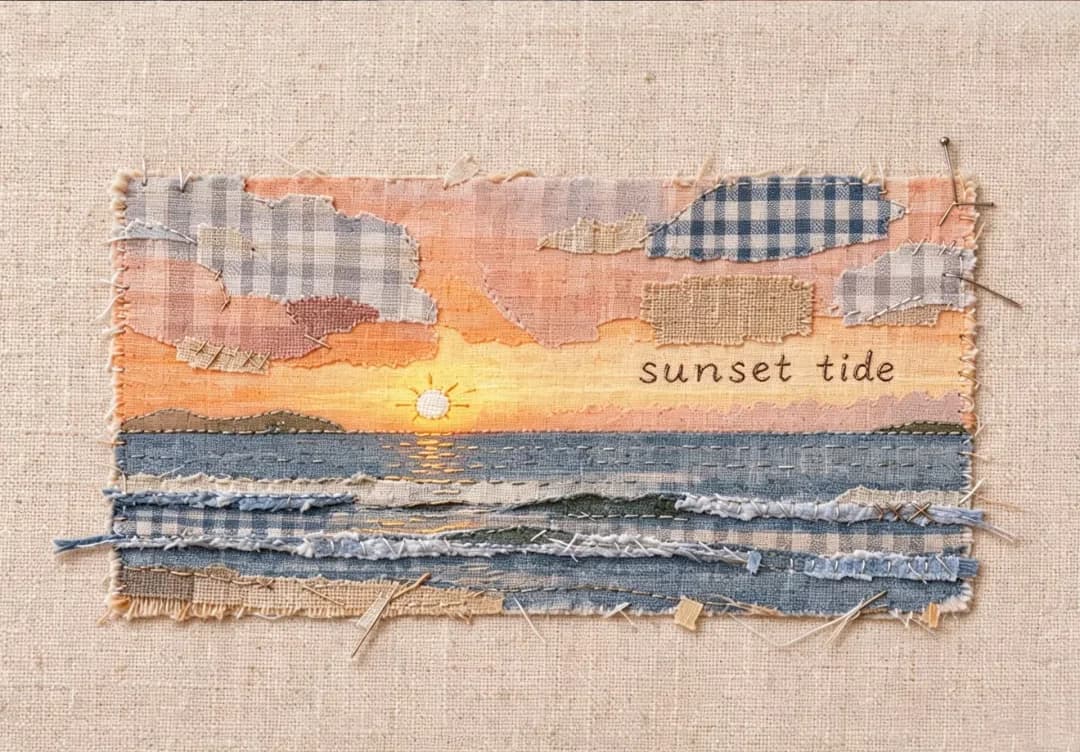 The sun's path across the water survives as one pale stitched line; the clouds become gingham offcuts.