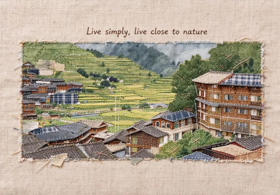 Terraces flatten into stacked bands of green cloth, and the timber houses keep their roof lines in dark thread.