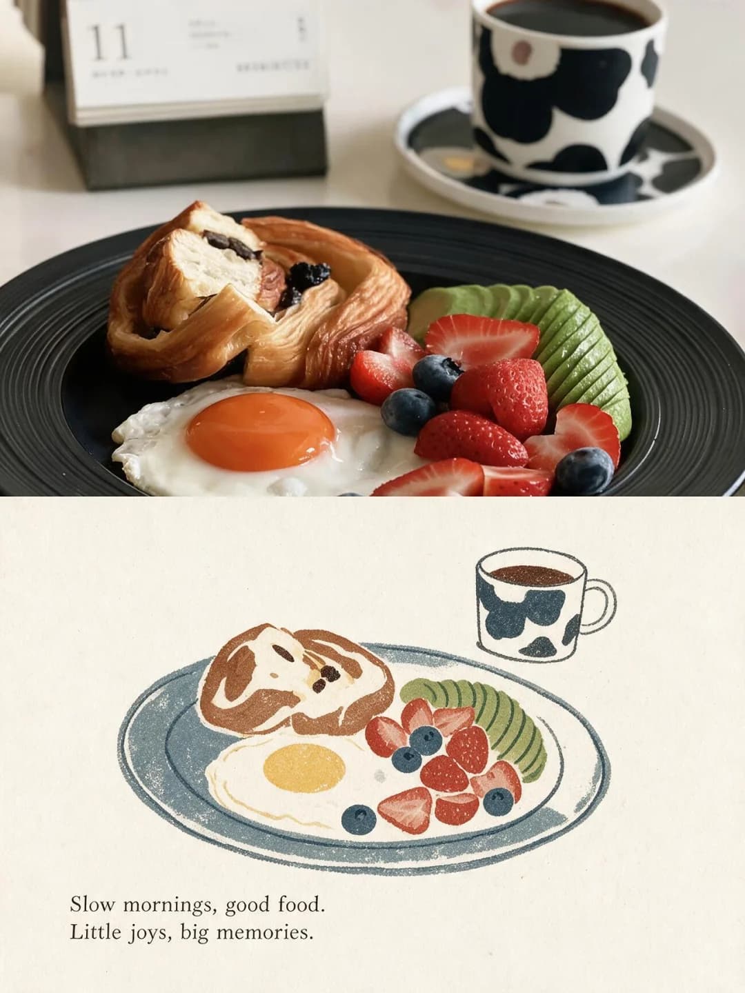 A pastry and a fried egg on a black plate — the dark plate becomes a soft grey-blue ring