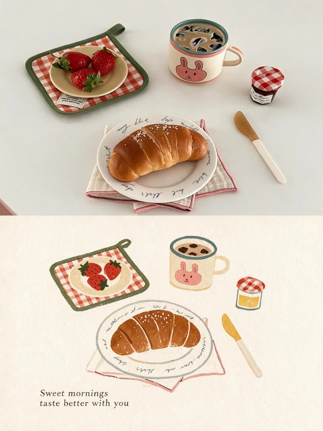 A croissant and a rabbit mug — the gingham potholder keeps its check as a printed grid