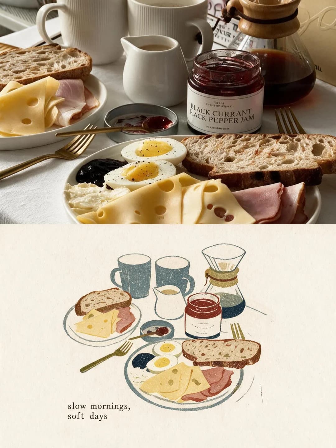 Ham, cheese and a Chemex — the jam jar label goes blank, the shapes stay exact