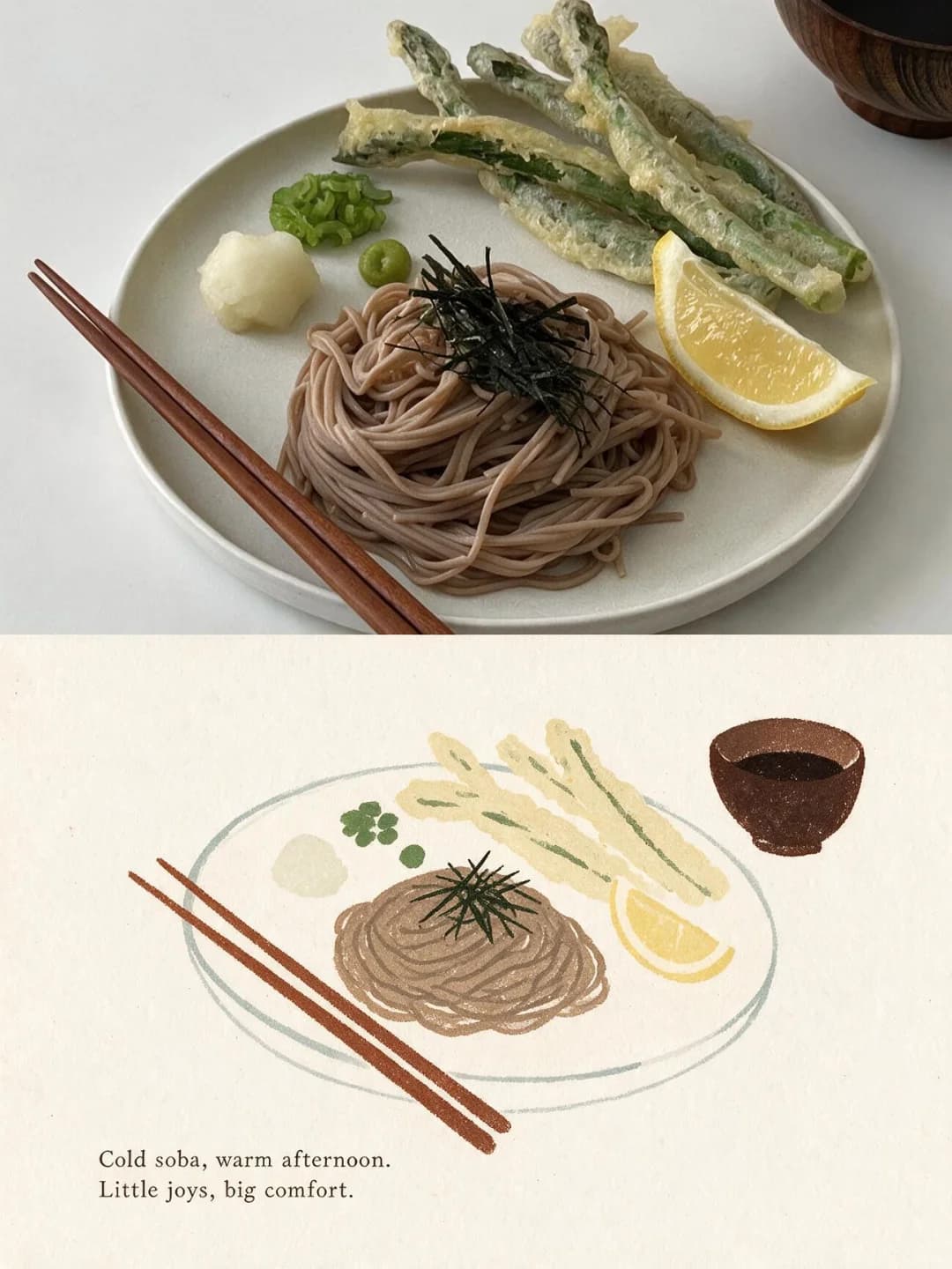 Cold soba and tempura — the noodle nest is one scribbled brown coil