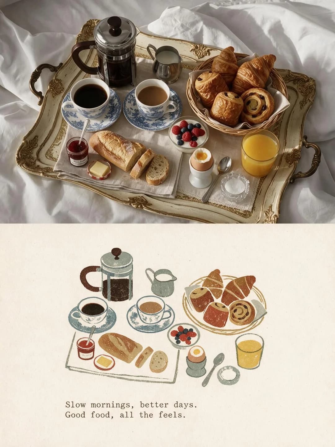 A French press and a basket of pastries — blue-and-white china reduced to two tones