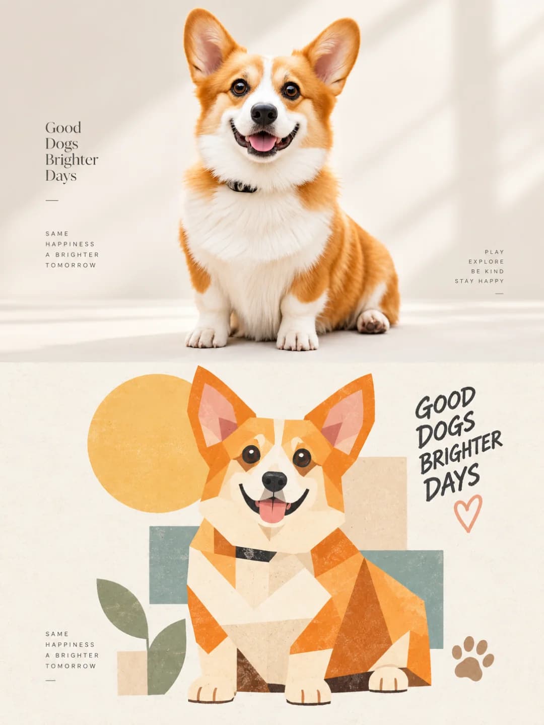 A corgi on a cream backdrop — the whole dog rebuilt from about twenty wedges and a circle