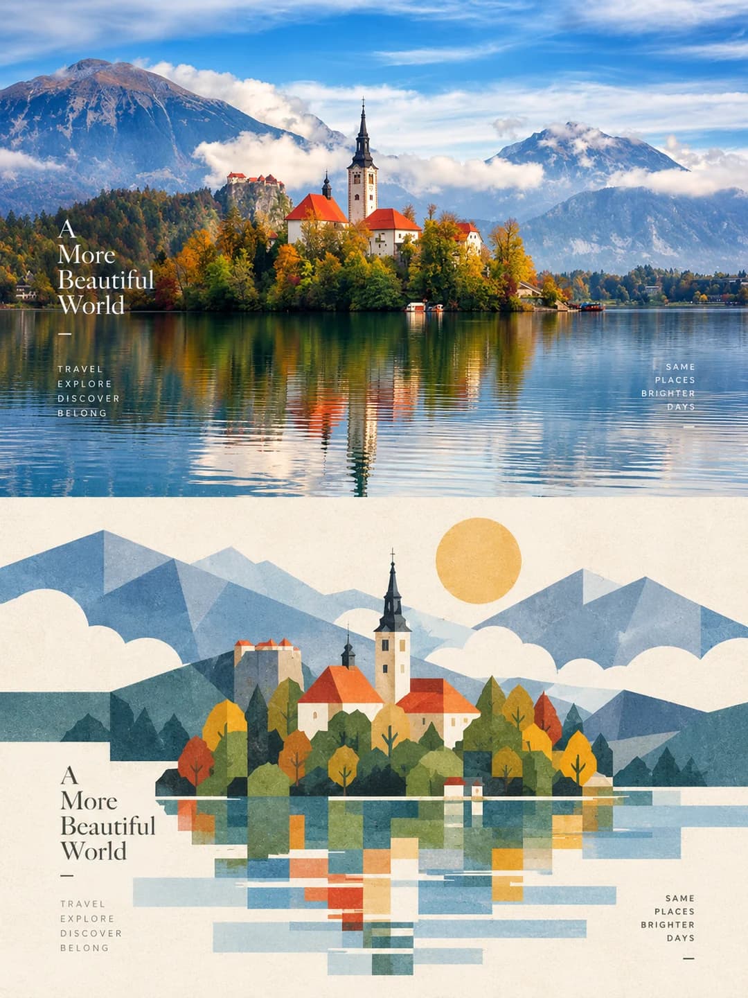 A church on a lake island — the mountains reduce to three overlapping planes of blue