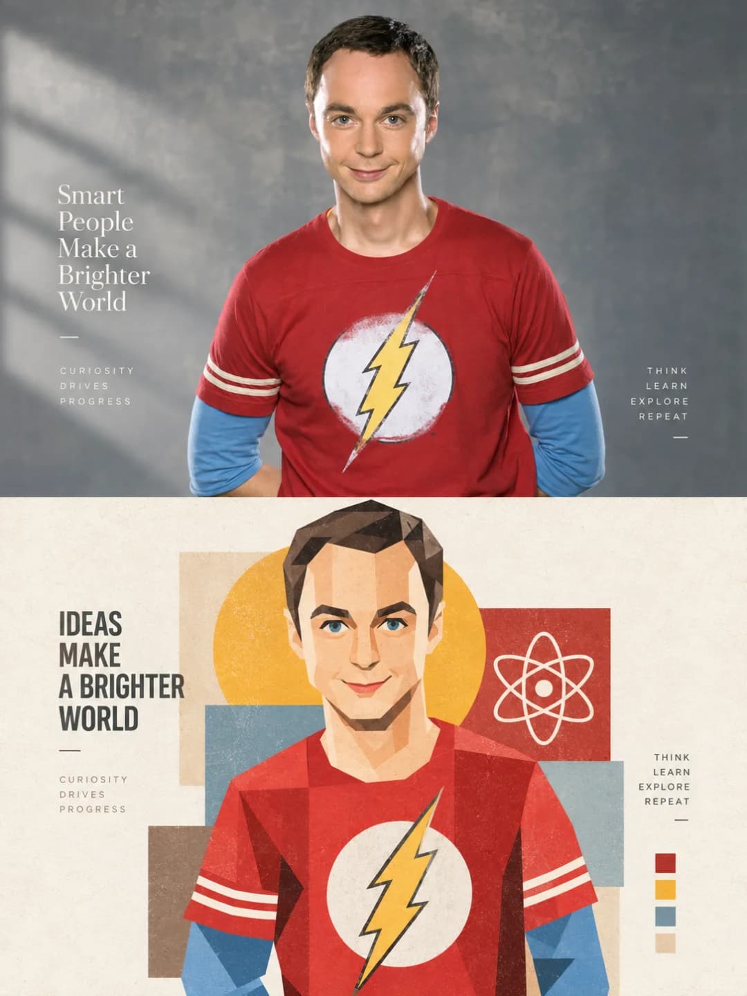 A studio portrait — the face holds together in flat planes while the shirt becomes one red block