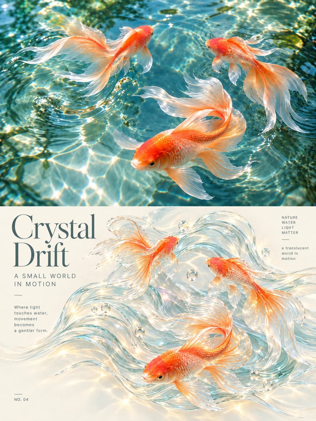 The three fancy goldfish keep their orange bodies and fanned tails, swimming through ripples that have become curling bands of glass.