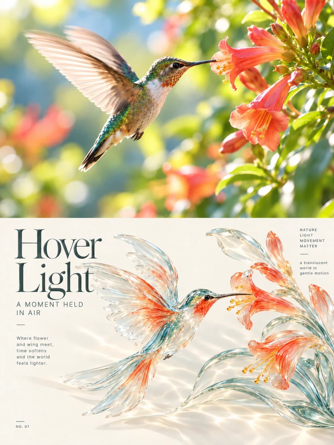 The hummingbird keeps its green crown and orange throat, and its wings, now clear glass, go orange at the tips to match the trumpet flowers it is feeding from.