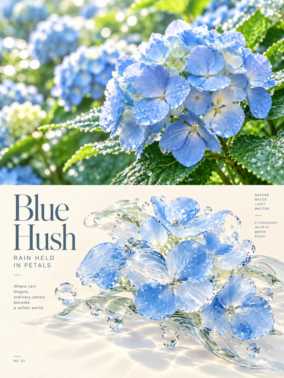 Every petal of the hydrangea head is rebuilt in pale blue glass, with the raindrops from the photo turned into clear glass beads.