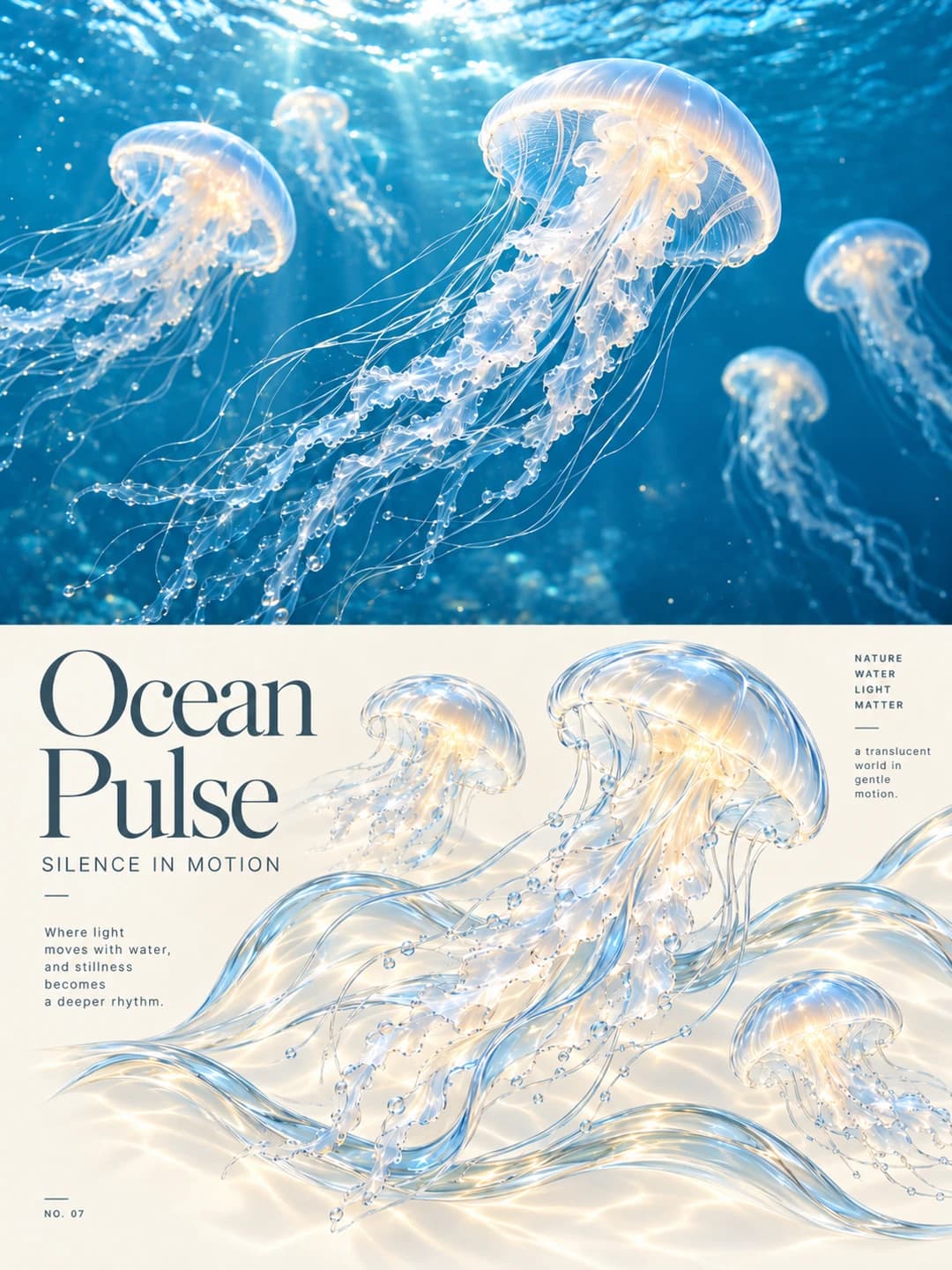 The five jellyfish keep their positions and long beaded tentacles, the bells glowing faintly from inside among sweeping glass currents.