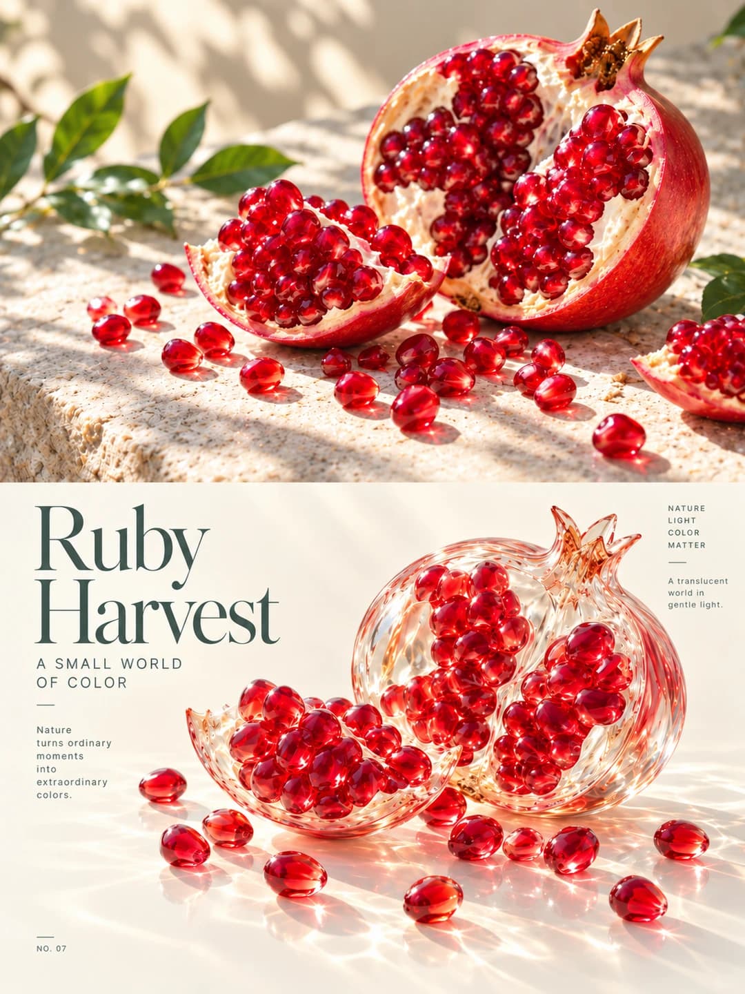 Both halves of the pomegranate and the scattered seeds come back as glass, the skin turned clear and the seeds kept a deep ruby red.