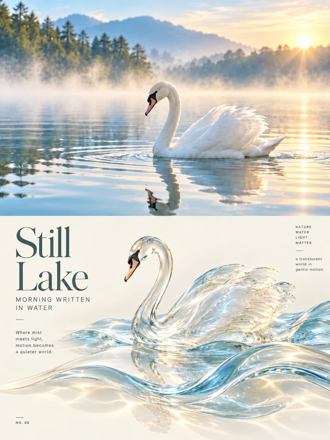 The swan stays in the same pose with its orange bill, its feathers turned to ribbed glass, gliding on a single wave of glass water.