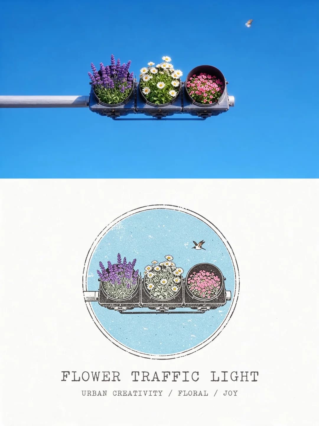 The traffic light planted with lavender, daisies and pink flowers stays as photographed; the round stamp keeps all three pots in order, the grey housing and even the small bird, on a pale-blue ground.
