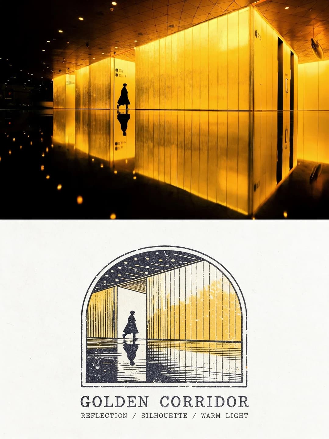 The silhouette walking past glowing panels, reflected in the floor, stays in the photo; the arch-shaped stamp keeps the figure and its reflection in navy over two tones of gold.