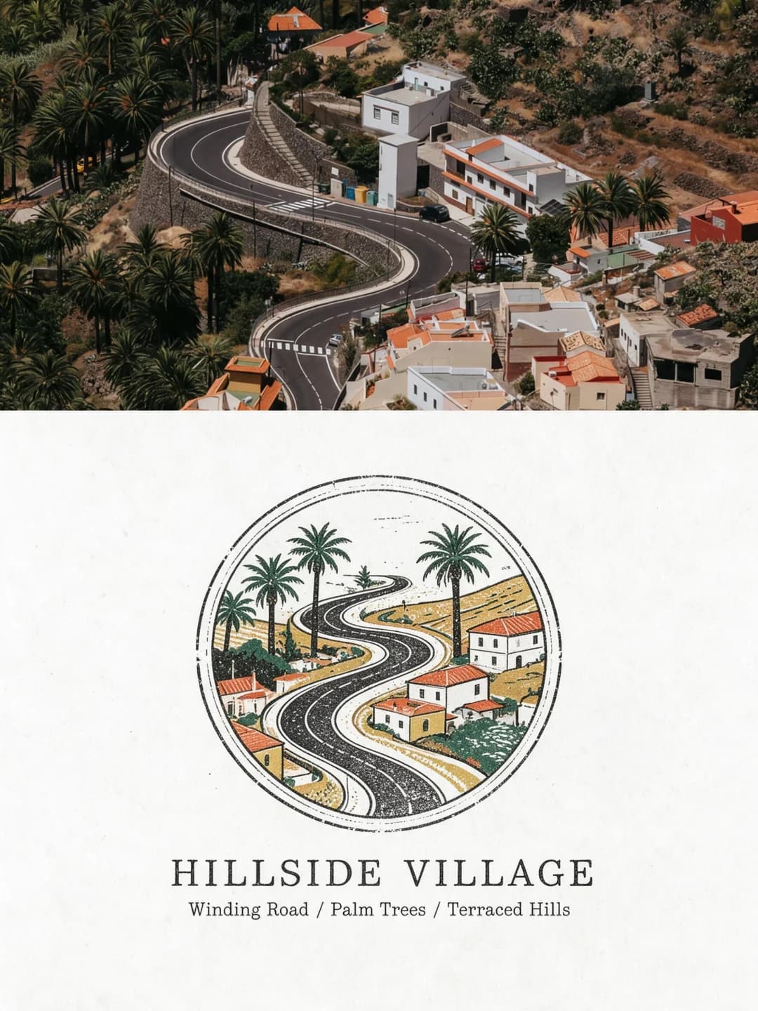 The aerial shot of a road winding past white houses and palms stays photographic; the circular stamp keeps the S-bends, the orange roofs and the palms, flattened into ochre, green and terracotta inks.