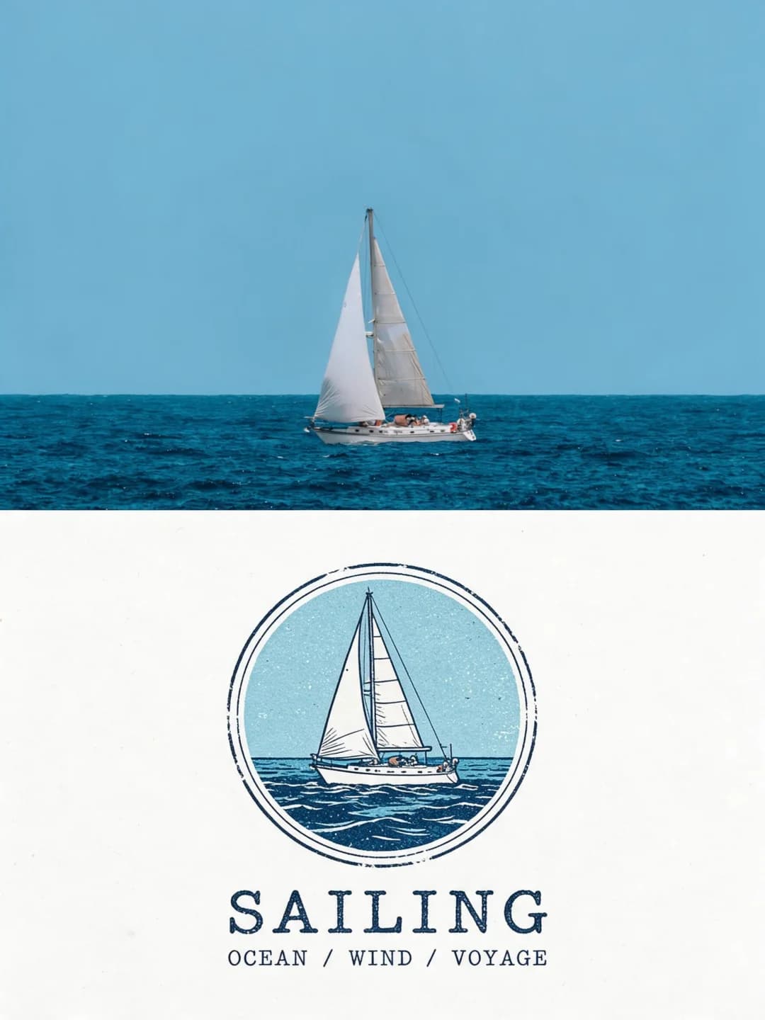 The white sailboat on deep blue water stays as photographed; the round stamp keeps both sails and the horizon in blue ink with a dotted sea.