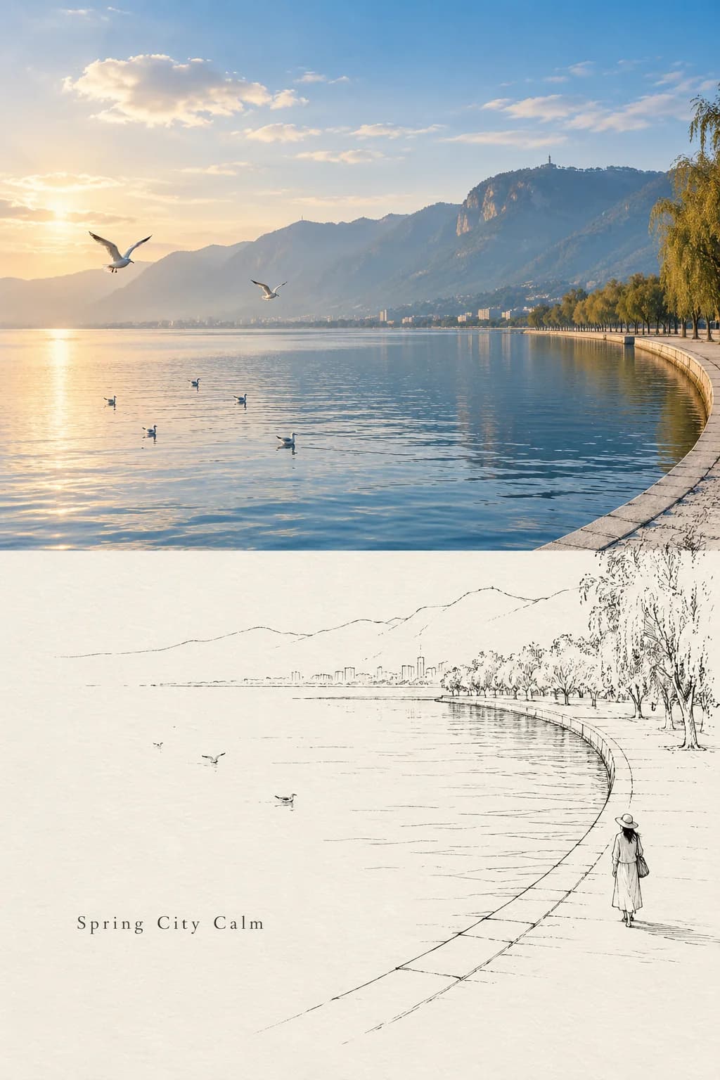 The curve of the lakeside embankment runs on as a single pen line, with the far shore, the willows and the gulls redrawn and a small figure strolling.