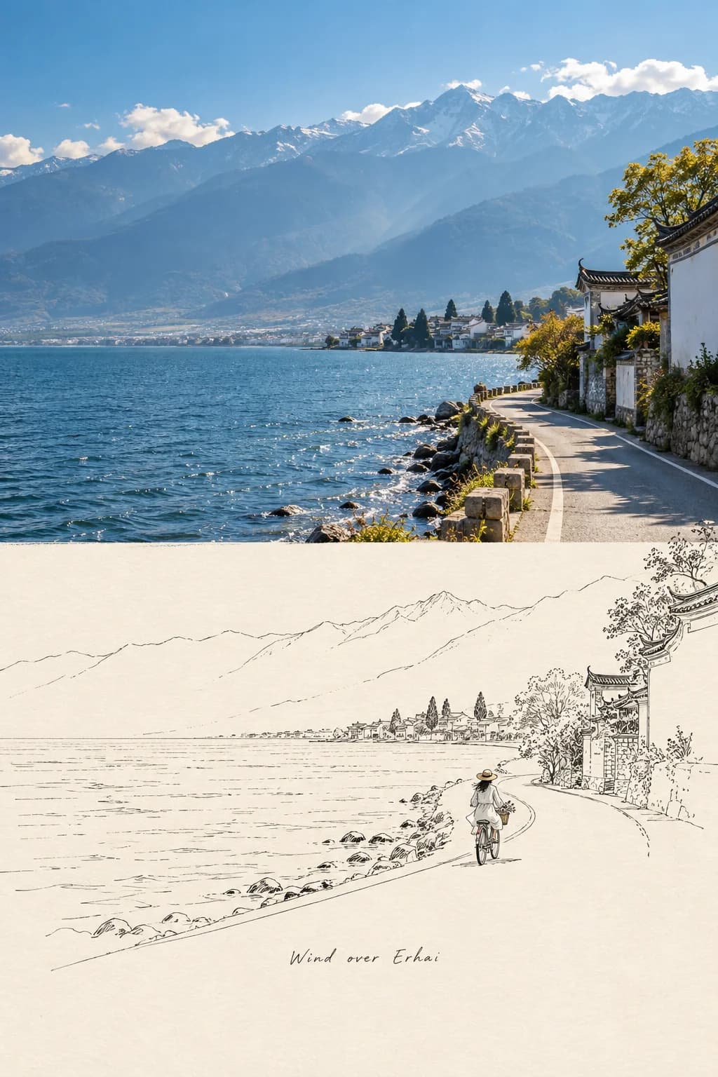 The lakeside road, the boulders on the shore and the white-walled village all continue as sketch, with a cyclist riding along it.