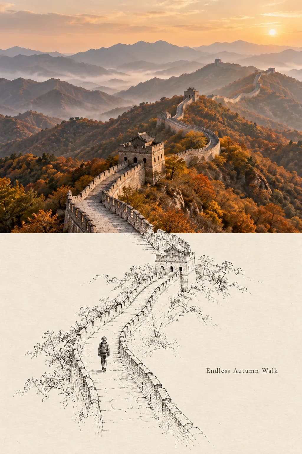 The Great Wall's winding rampart and its watchtower carry straight on into pen line, and a walker with a backpack follows it down the page.