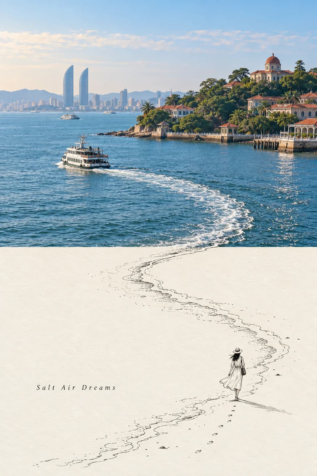 The ferry's white wake keeps its curve as it crosses the centre line and turns into inked surf, with a small figure in a sun hat walking the shore below.